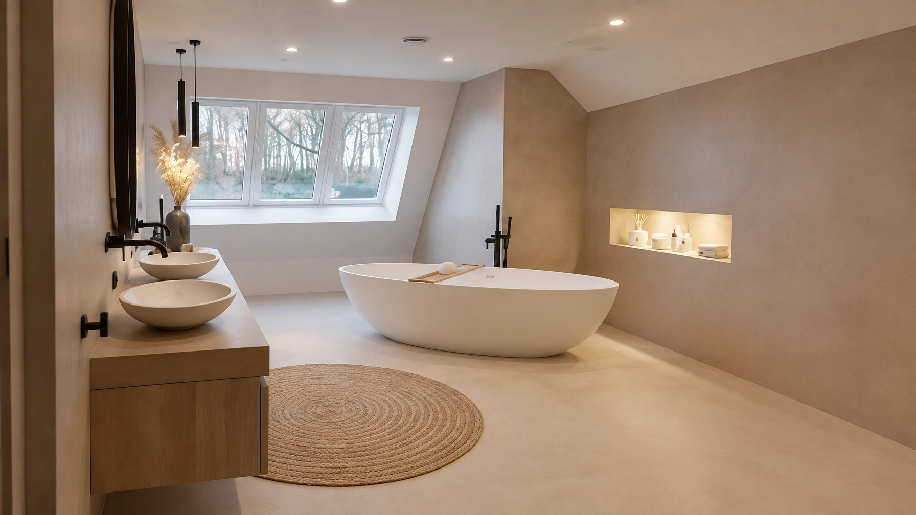Modern bathroom with a white freestanding tub, double sinks, and a built-in shelf along beige walls under a sloped ceiling windowed wall