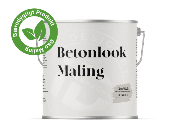White metal paint can labeled 'Betonlook Maling' with a green circular badge reading 'Bæredygtigt Produkt' and leaves.