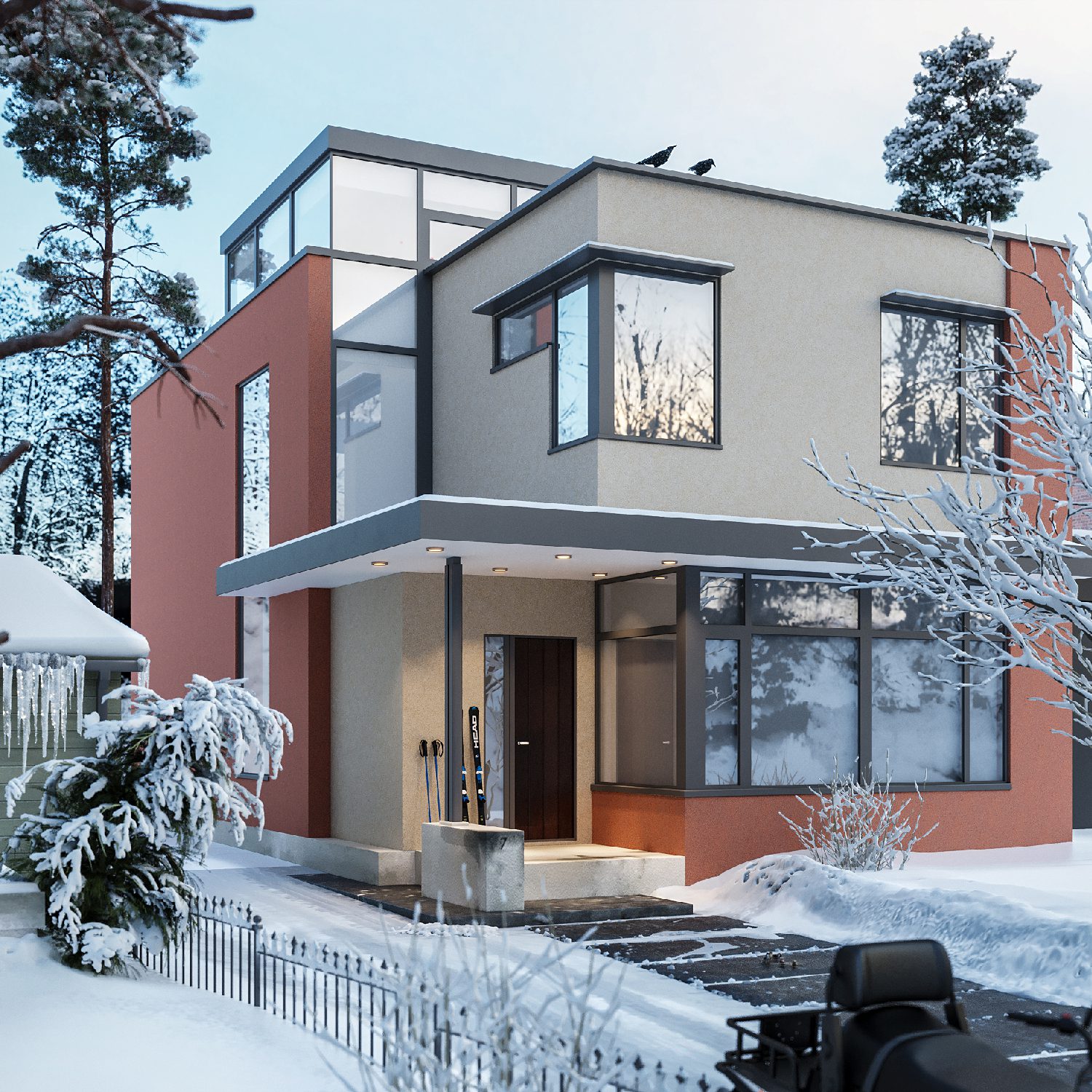 Modern two-story house with large glass windows and orange-red exterior accents, snowy yard and covered entrance with skis by the door.
