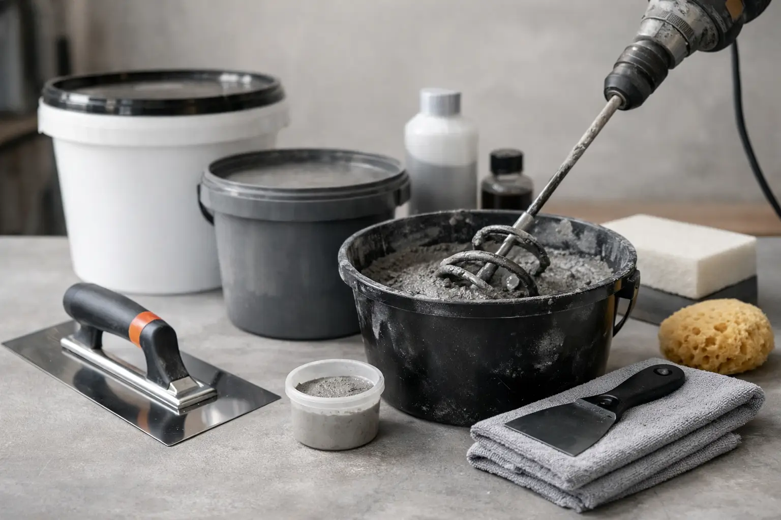 A black bucket with cement being mixed by a drill mixer, surrounded by trowel, sponge, towels, and gray/white buckets on a concrete surface.