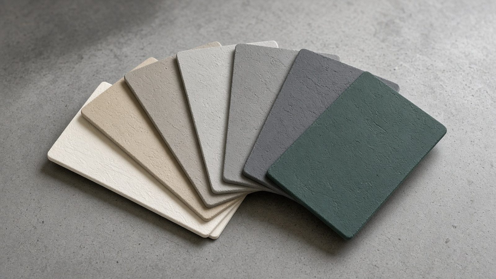 Vifte af microcement farveprøver fra varm hvid og sand over grå og antracit til dyb mørkegrøn på et betonbord
